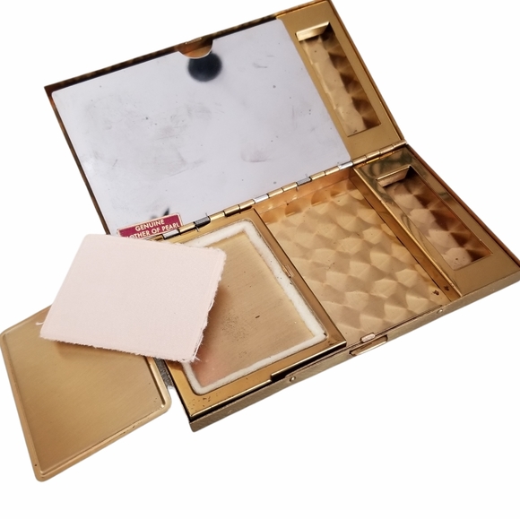 Vintage Mid Century Suede Mother of Pearl Make Up Case Clutch Compact Duo - Picture 10 of 14